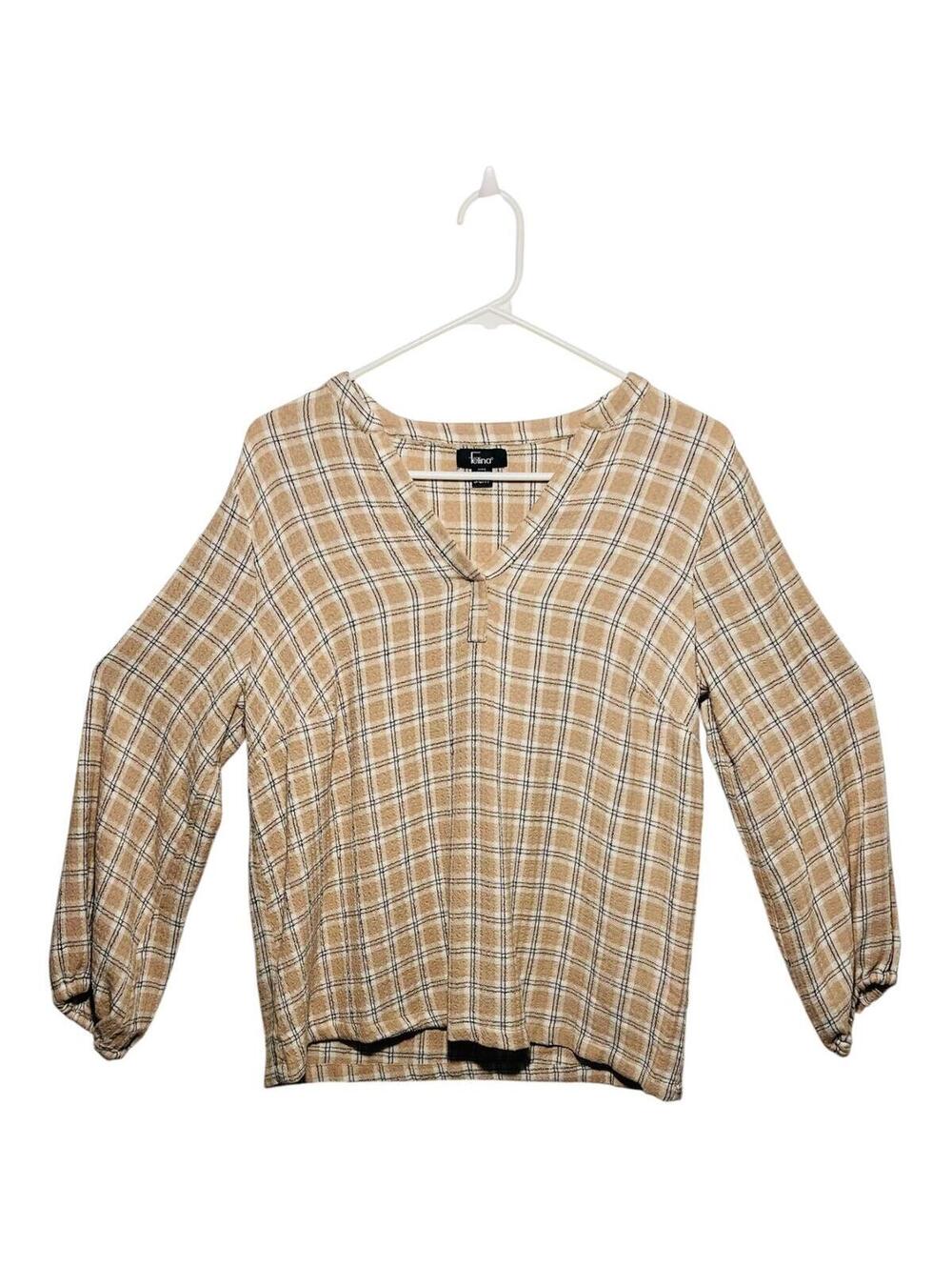 Felina Plaid Long Sleeve Top Neutral Beige Check - Size Small